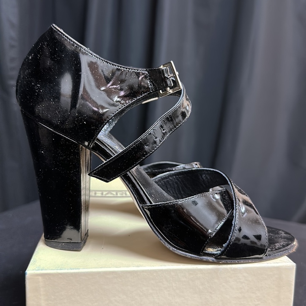 Charles David black Patent vintage pinup style high heel shoes 90s